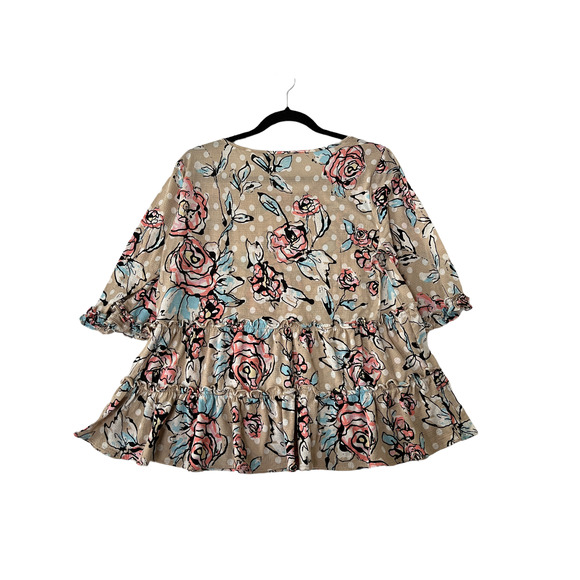 MELISSA PAIGE Floral & Polka Dot Ruffled Tiered Top Tan/Pink Women's Size L - Picture 3 of 6